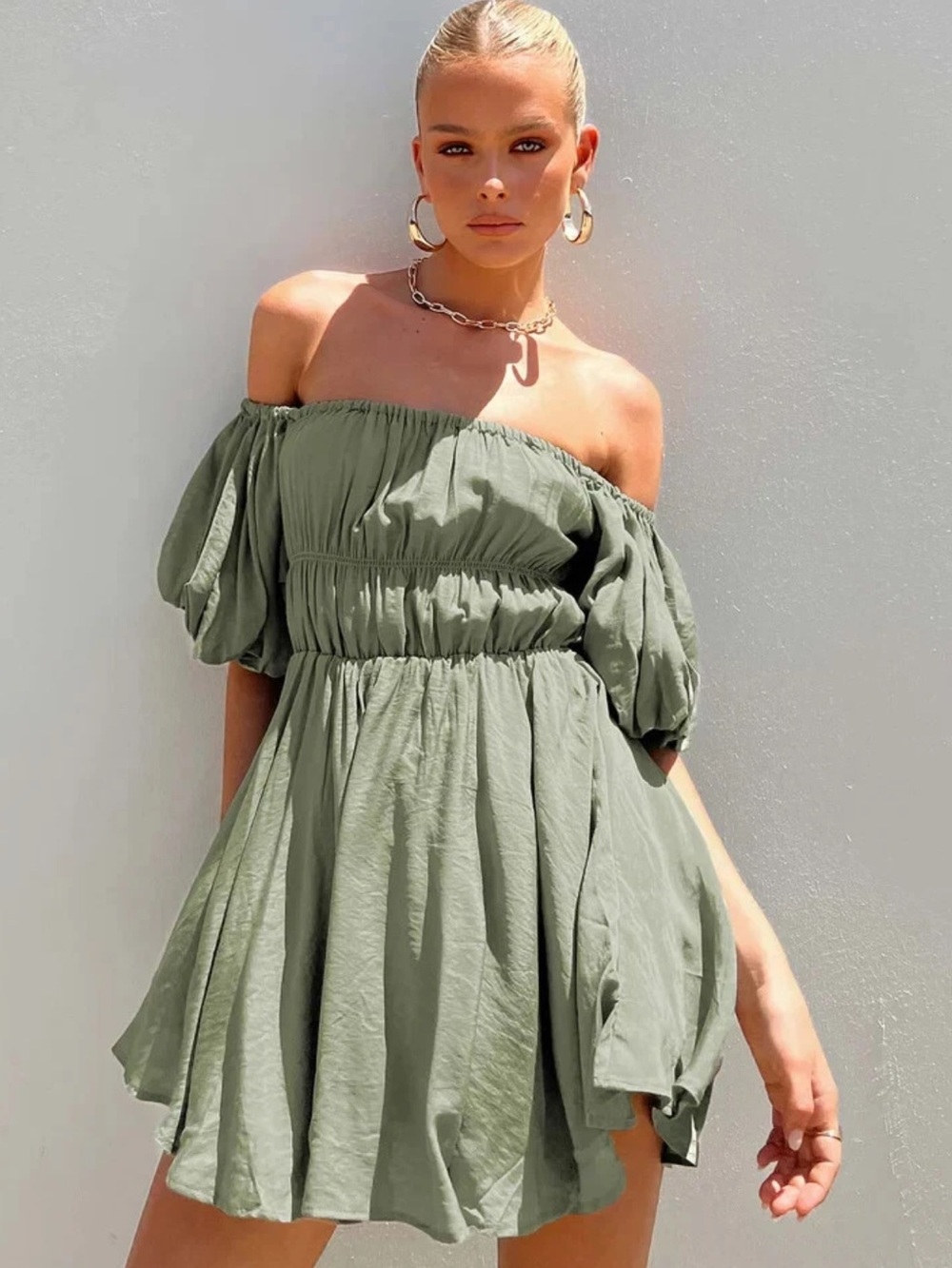 PRINCESS POLLY Halton Olive Green Short Sleeve Balloon Mini Dress Women’s SZ 12